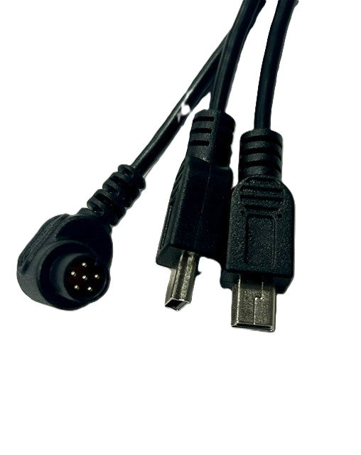 Black XP Deus 2 Charging Cable  6-pin and 2 mini-B connectors close-up view