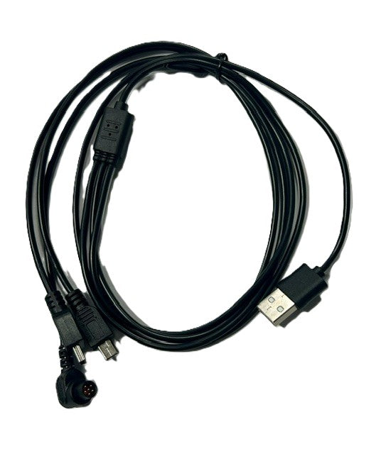 Black XP Deus 2 Charging Cable USB to 1 6-pin and 2 mini-B connectors.