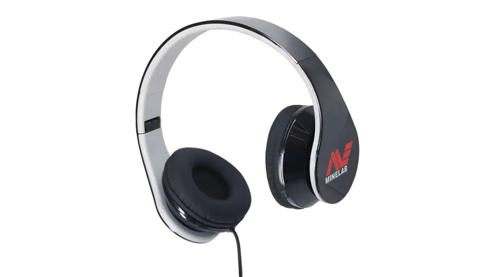 Black and white over-ear wired headphones with a red and white MINELAB logo on the ear cup.