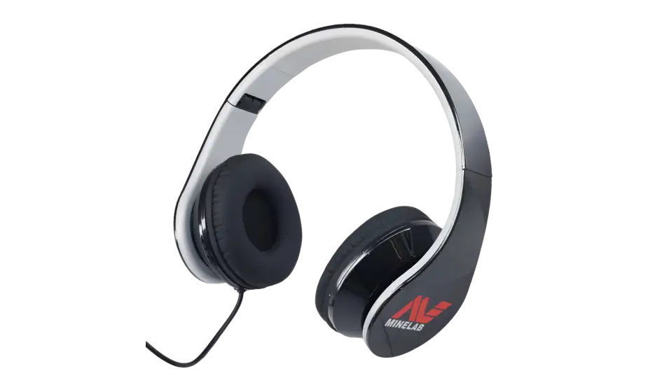 Black and silver over-ear wired headphones with a red Minelab logo on the ear cup