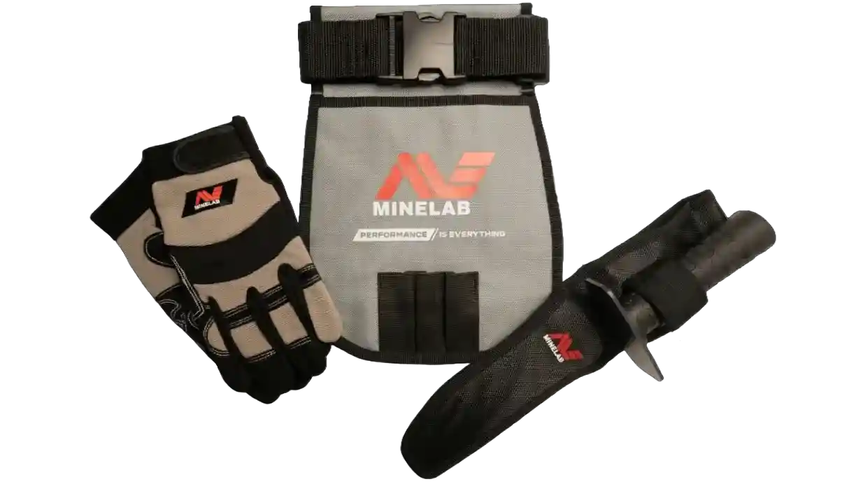 A Minelab work glove, a gray utility pouch with the Minelab logo, and a black digger with a sheath.