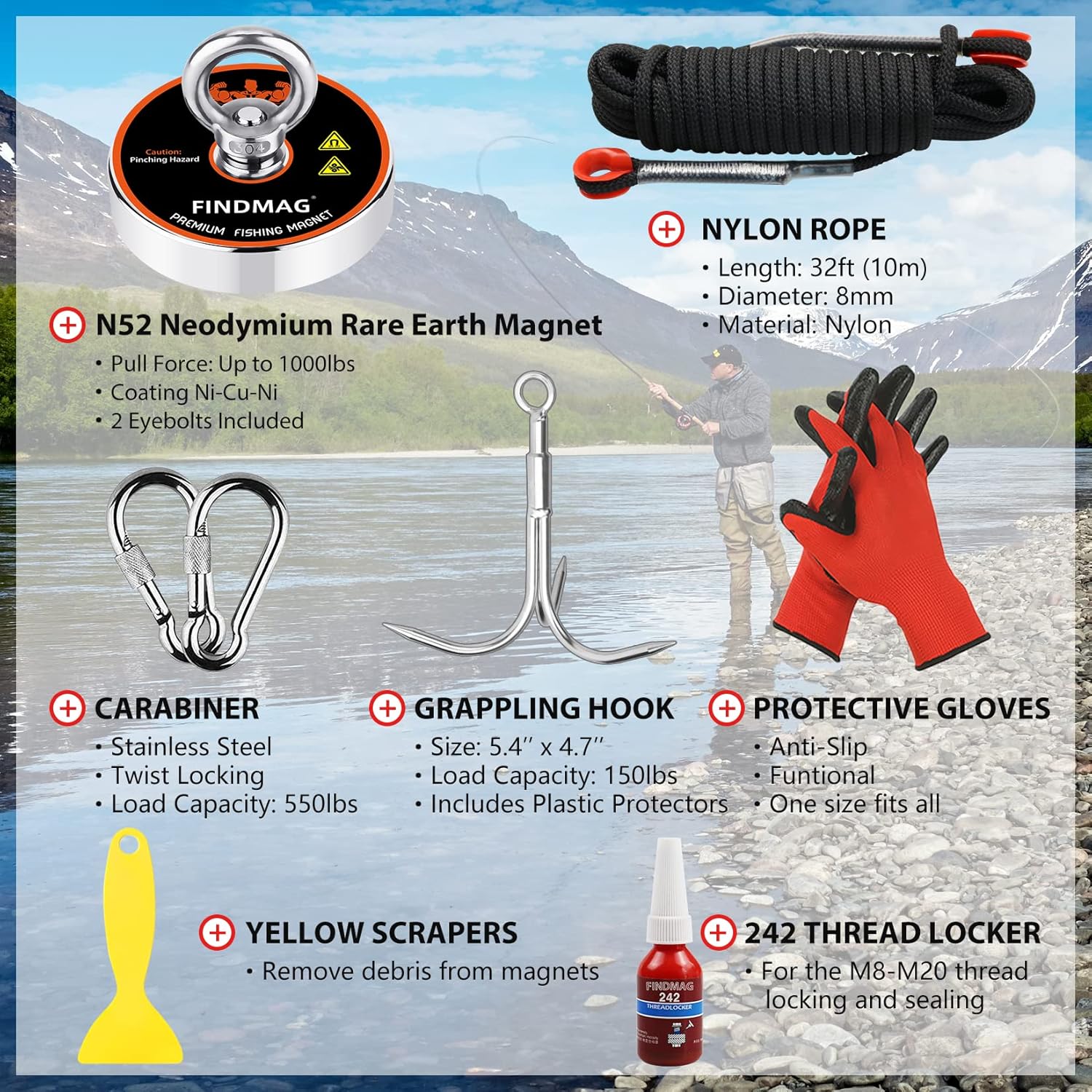 FindMag Neodymium Fishing Magnet Kit 1000lb pull force