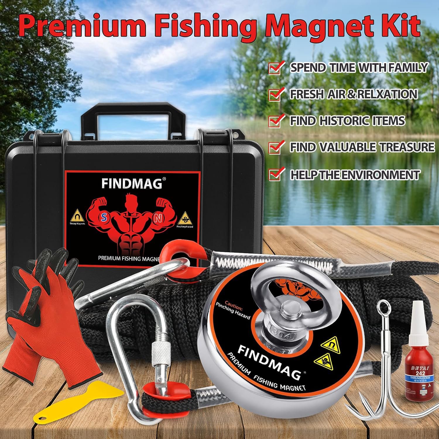FindMag Neodymium Fishing Magnet Kit 1000lb pull force