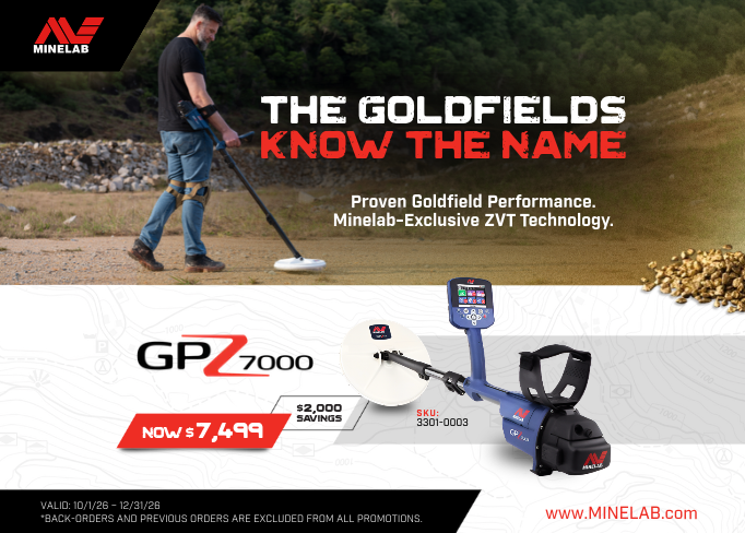 A promotional ad banner for the Minelab GPZ 7000 ZVT metal detector. The top half shows a man outdoors using the detector, with the text 'THE GOLDFIELDS KNOW THE NAME' and 'Proven Goldfield Performance.