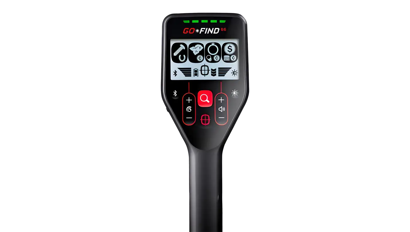 A Minelab Go-Find 66 digital display screen and red button controls