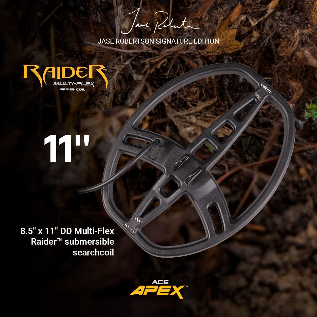 8.5 x 11 DD Multi-Flex Raider submersible searchcoil with Ace Apex branding on a natural background