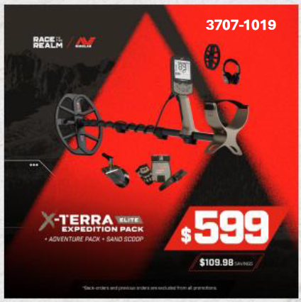 Promotional graphic for the Race of the Realms X-Terra Elite Expedition Pack by Minelab. The image features a black and silver metal detector set with accessories (coil, headphones, pouches) against a bold red and black background with pricing details of $599.