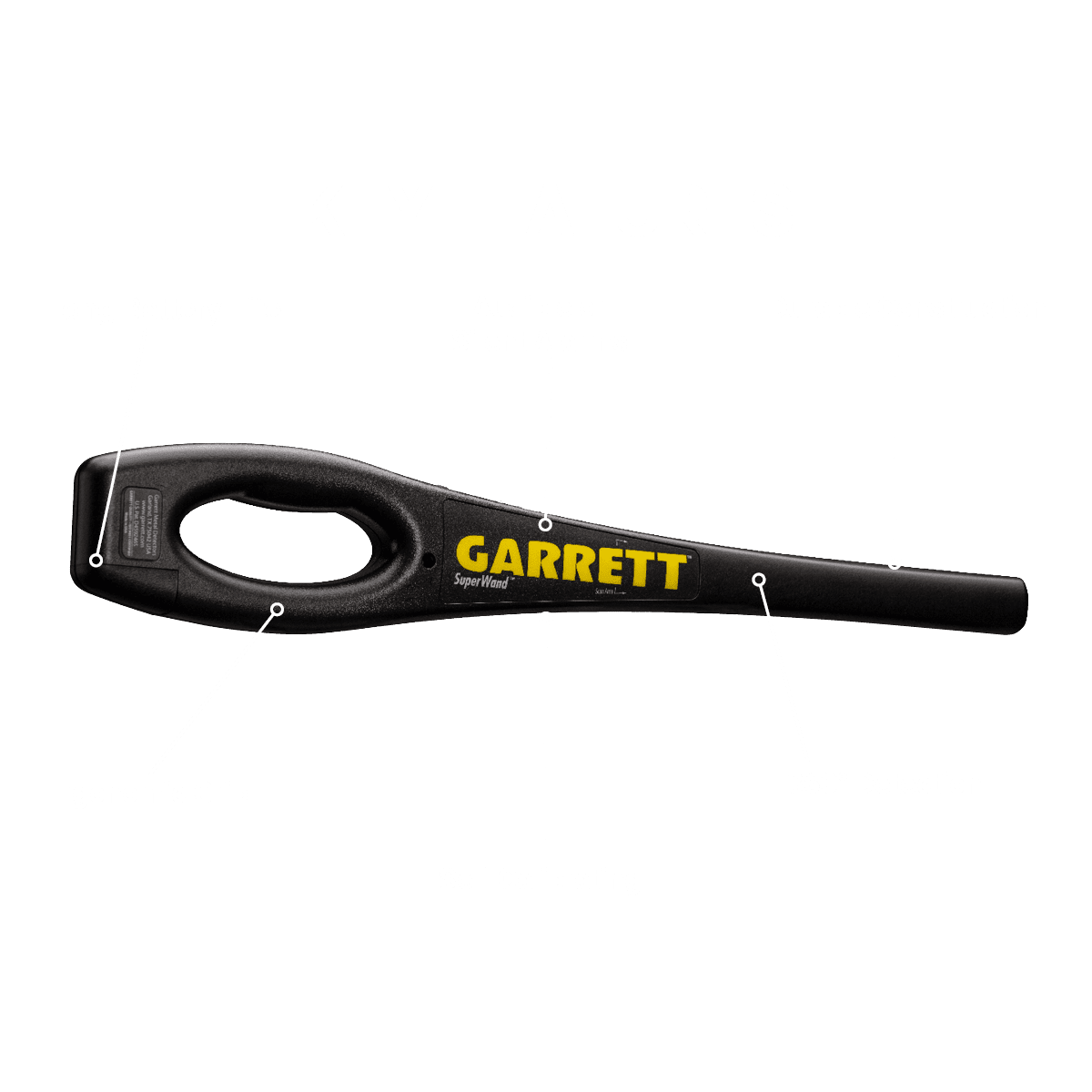 A black Garrett Superwand security metal detector with labeled key features including long battery life, audible or silent alarms, durable construction, ergonomic grip, self-calibrating, and 360-degree detection.