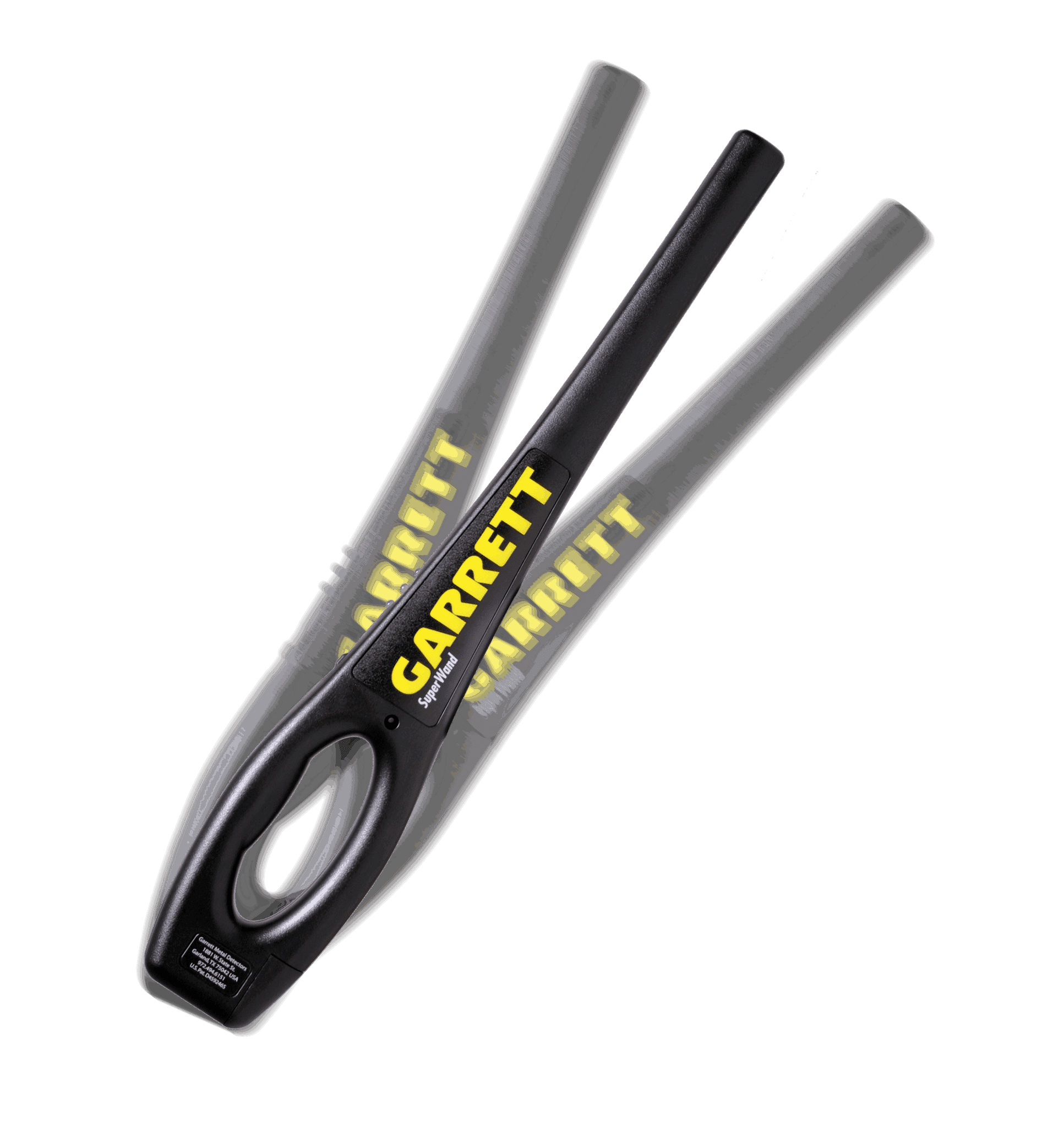 A Garrett signal detector handheld device in black with bold yellow 'GARRETT' branding, shown against a plain white background with a faint ghosted duplicate behind it.