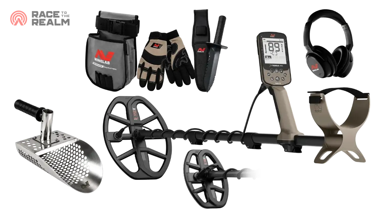 Minelab X-Terra Elite Expedition Race to the Realm Adventure metal detector kit including a black and tan metal detector with a coil, a silver sand scoop, gloves, a pouch, a digger and headphones.