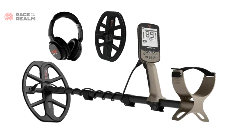 Minelab X-Terra Elite Expedition Pack-  metal detector  featuring a black coil with a tan handle, a separate black coil, black over-ear headphones, and a handheld control unit with a digital screen. The Race the Realm logo is visible in the top-left corner.