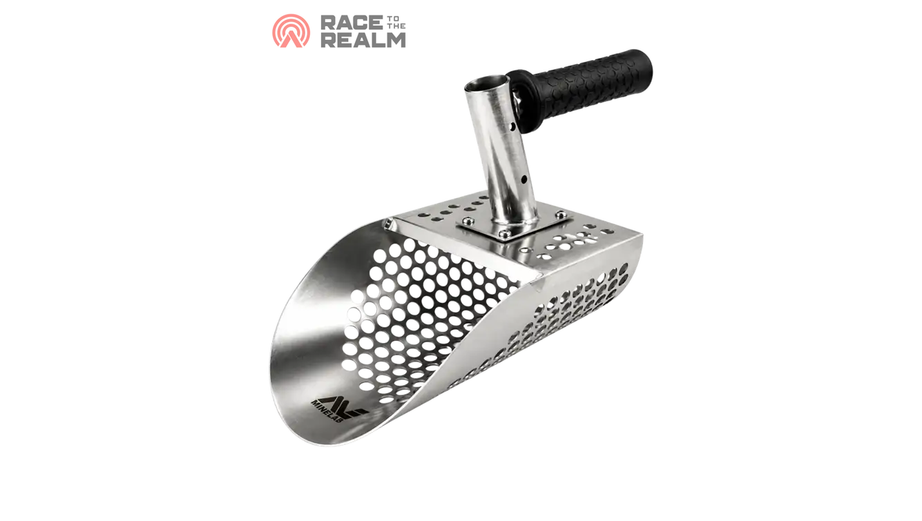 A stainless steel sand scoop with a perforated design and a black textured handle, shown on a white background with the Race the Realm logo in the top left corner.