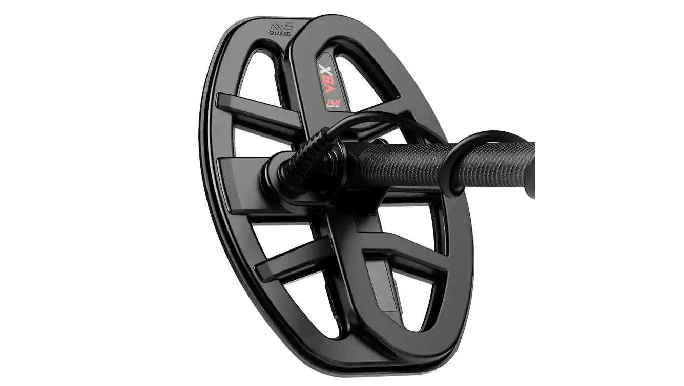 A black Minelab V8X metal detector coil with a matching black stem