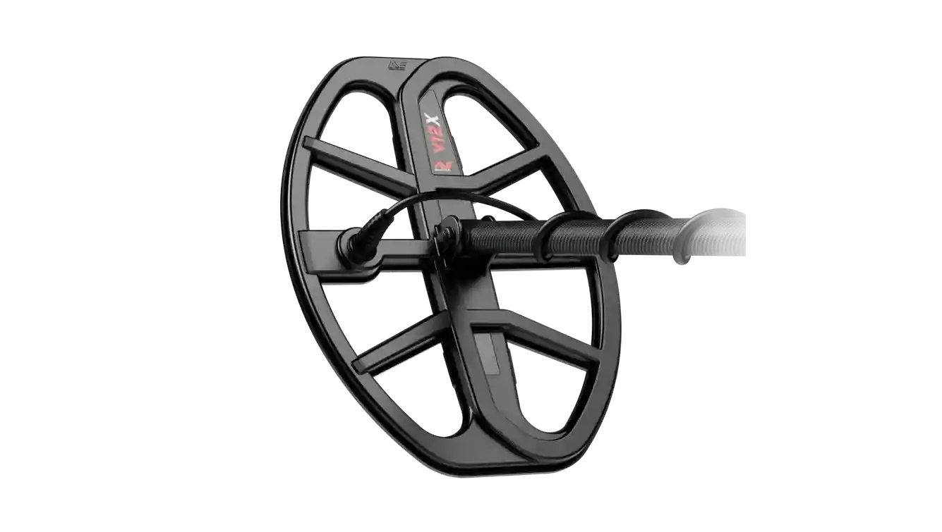 A black Minelab V12X metal detector coil with a matching black stem
