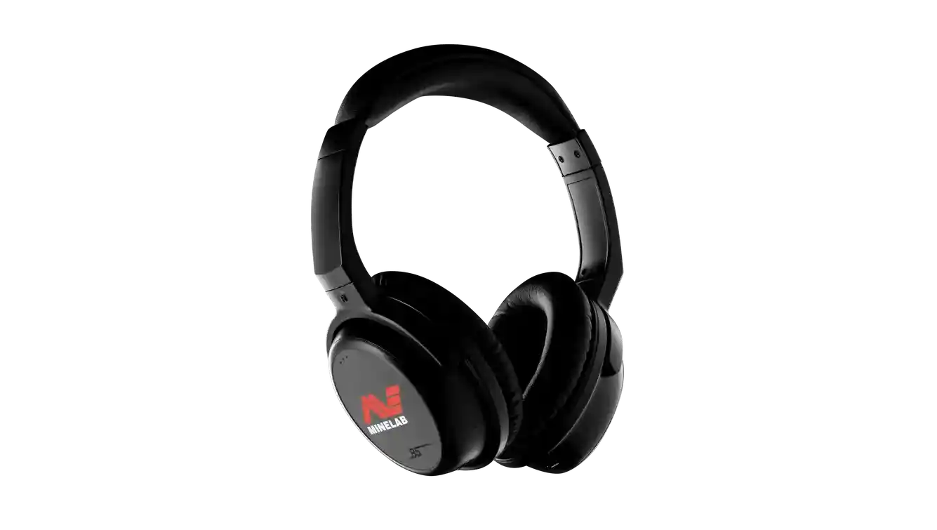 Black over-ear wireless headphones with a red and white 'MINELAB' logo on the outer ear cup, shown on a solid white background.